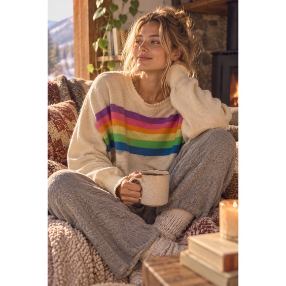 Sundry Sweaters - Sundry Womens Wool Cashmere Rainbow Stripe Scallop Trim Sweater Cream Size 0